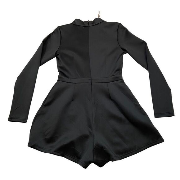 Lioness Beand Black Satin‎ Deep Cut Long Sleeved Romper Size Small - Picture 2 of 9